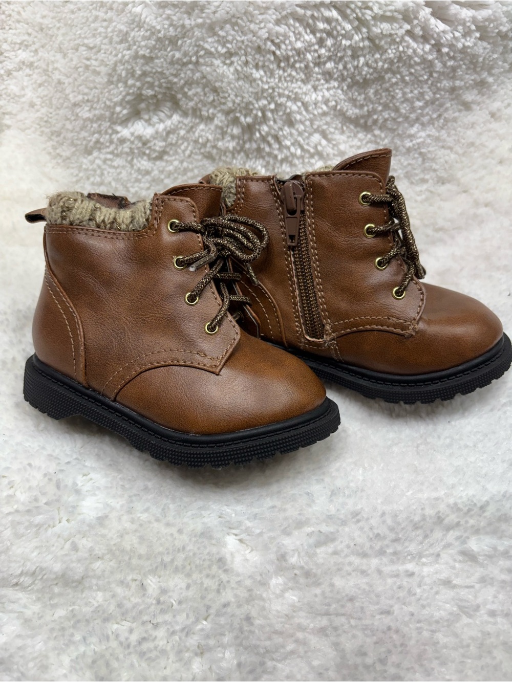 Wonder nation Brown Faux-Leather Lace-Up Kids Boots with Fur Trim Size 5